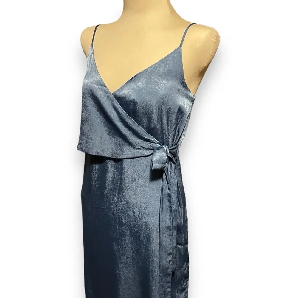 Lulus Fall in Love Blue Satin Midi Wrap Dress XS